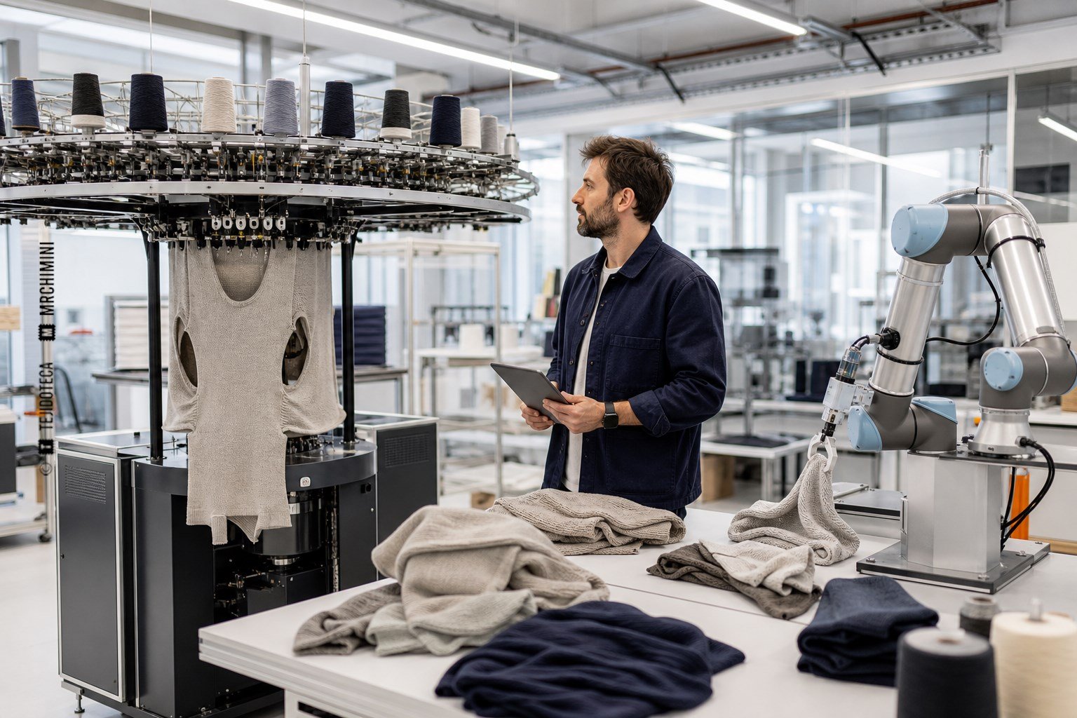 Ingeniero textil supervisando una microfábrica digital de prendas con automatización colaborativa