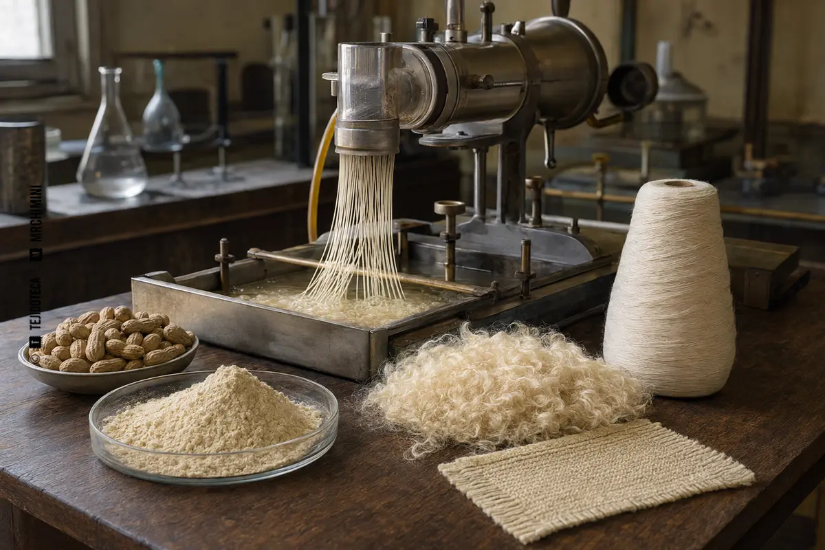 FIBRA DE PROTEÍNA DE CACAHUETE – TEJIDOTECA Representación técnica de fibra de proteína de cacahuete en el ámbito de las fibras textiles.