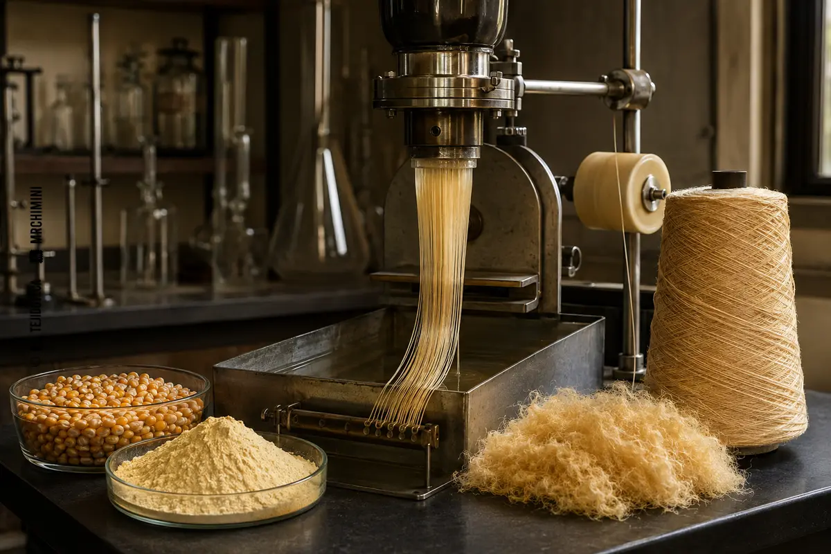 FIBRA DE PROTEÍNA DE MAÍZ – TEJIDOTECA Representación técnica de fibra de proteína de maíz en el ámbito de las fibras textiles.