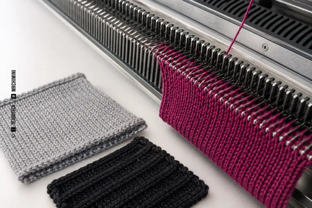 Agujas de una máquina de punto formando mallas de hilo magenta