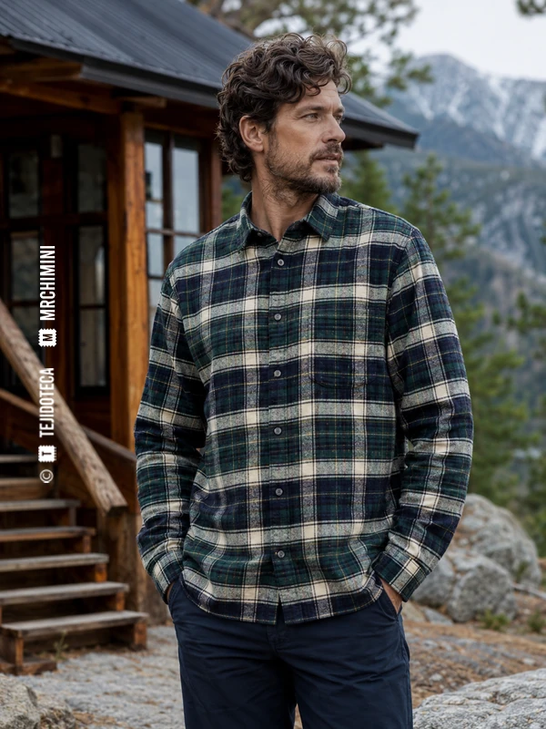 Camisa de Franela en cuadro verde bosque, azul marino y crema