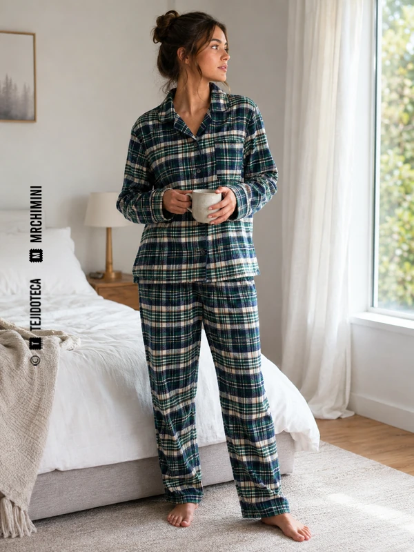 Pijama de Franela en cuadro verde bosque, azul marino y crema