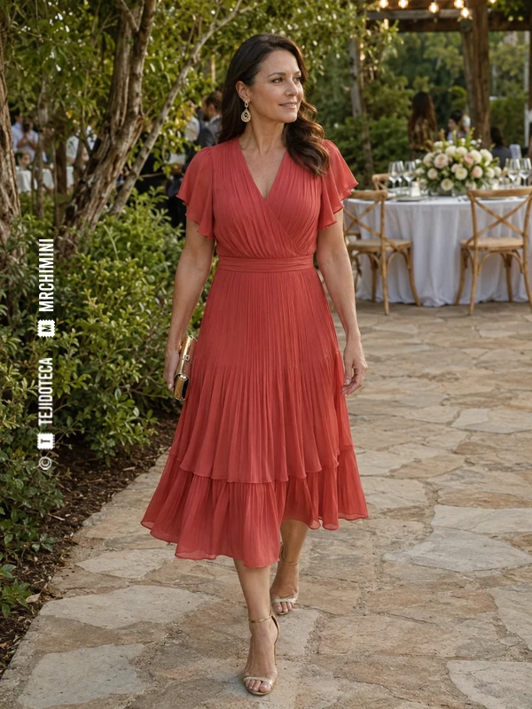 Vestido plisado de Georgette en coral quemado #C85F55