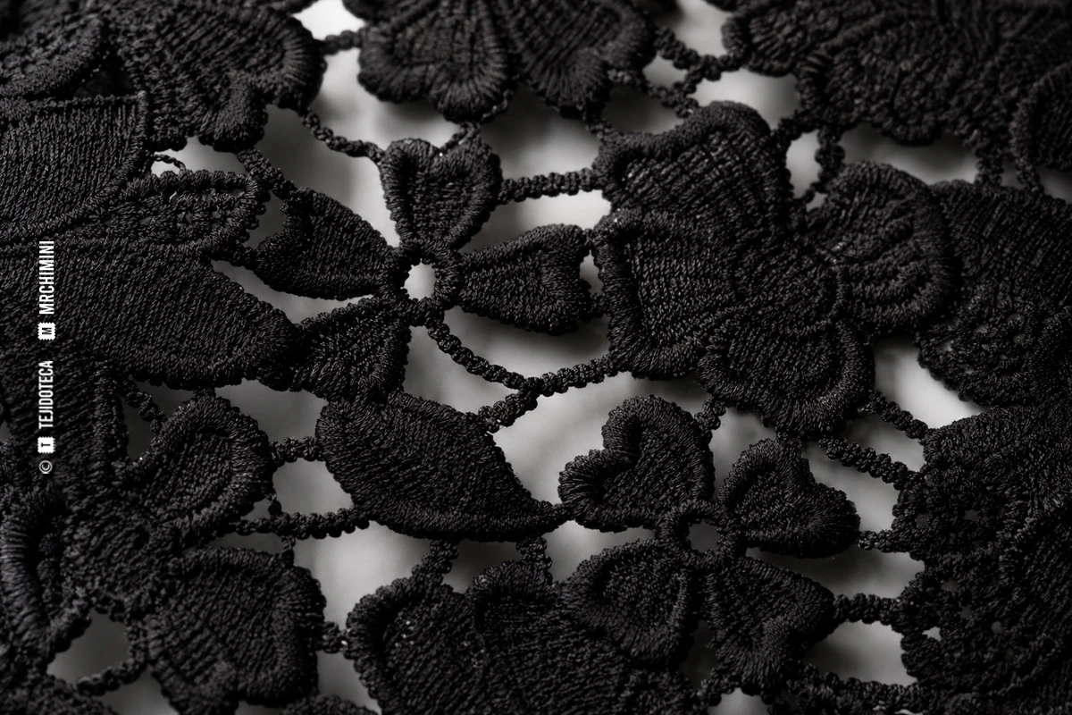 Macrofotografía de encaje guipur en negro carbón #171717