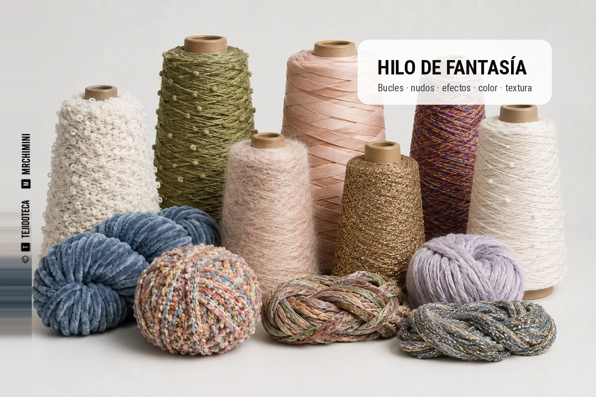 HILO DE FANTASÍA – TEJIDOTECA Hilo de fantasía mostrando alma, hilo de efecto y hilo de ligadura.