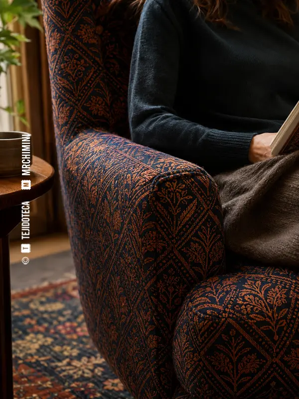 Butaca tapizada con jacquard azul noche y cobre