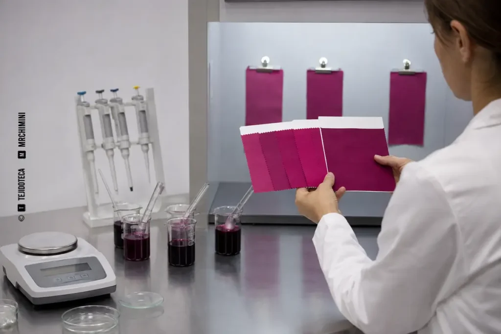 Técnica de laboratorio comparando varias pruebas LAB DIP de color magenta