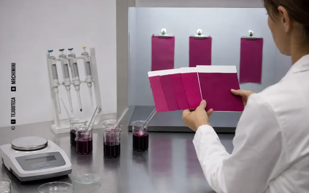 Técnica de laboratorio comparando varias pruebas LAB DIP de color magenta