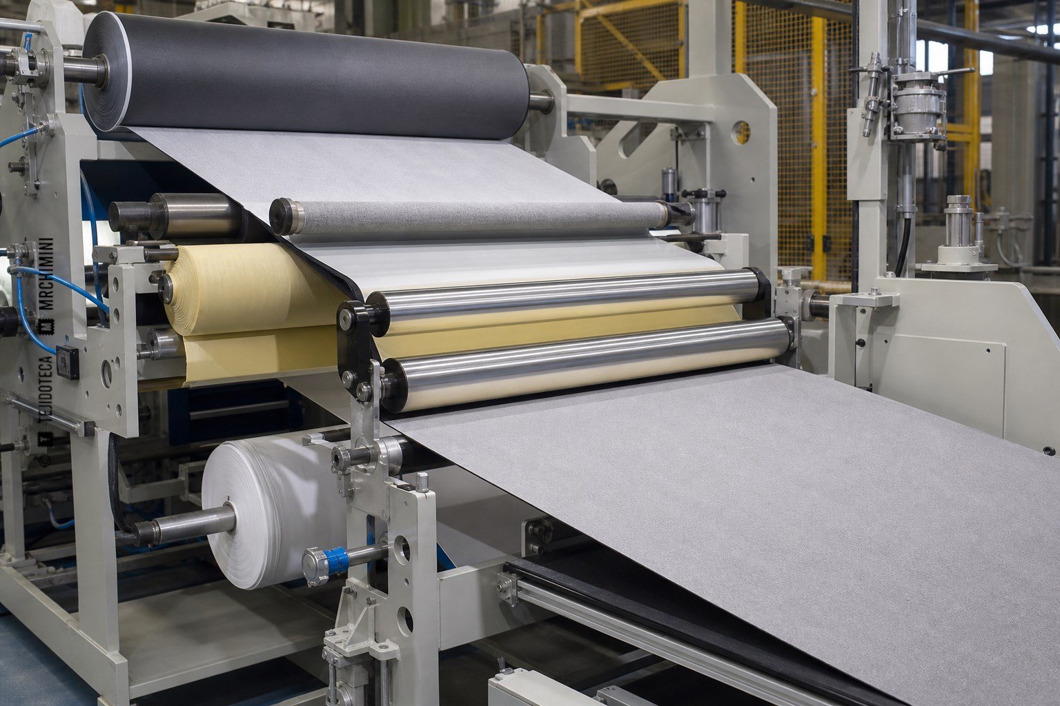 Dos capas textiles y una membrana uniéndose en una calandra de laminación