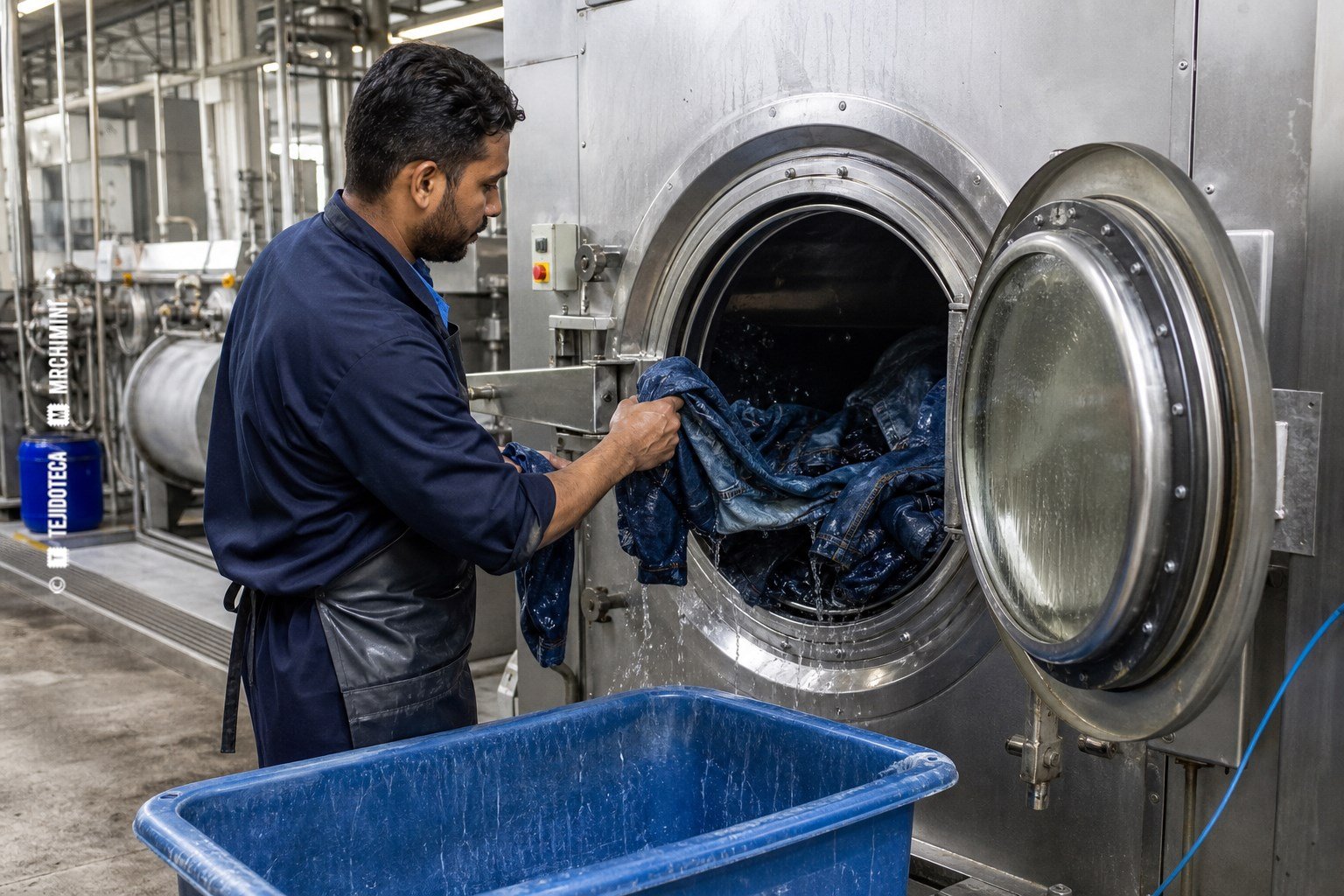 Lavado enzimático — proceso textil Prendas denim girando en una lavadora industrial durante un lavado enzimático