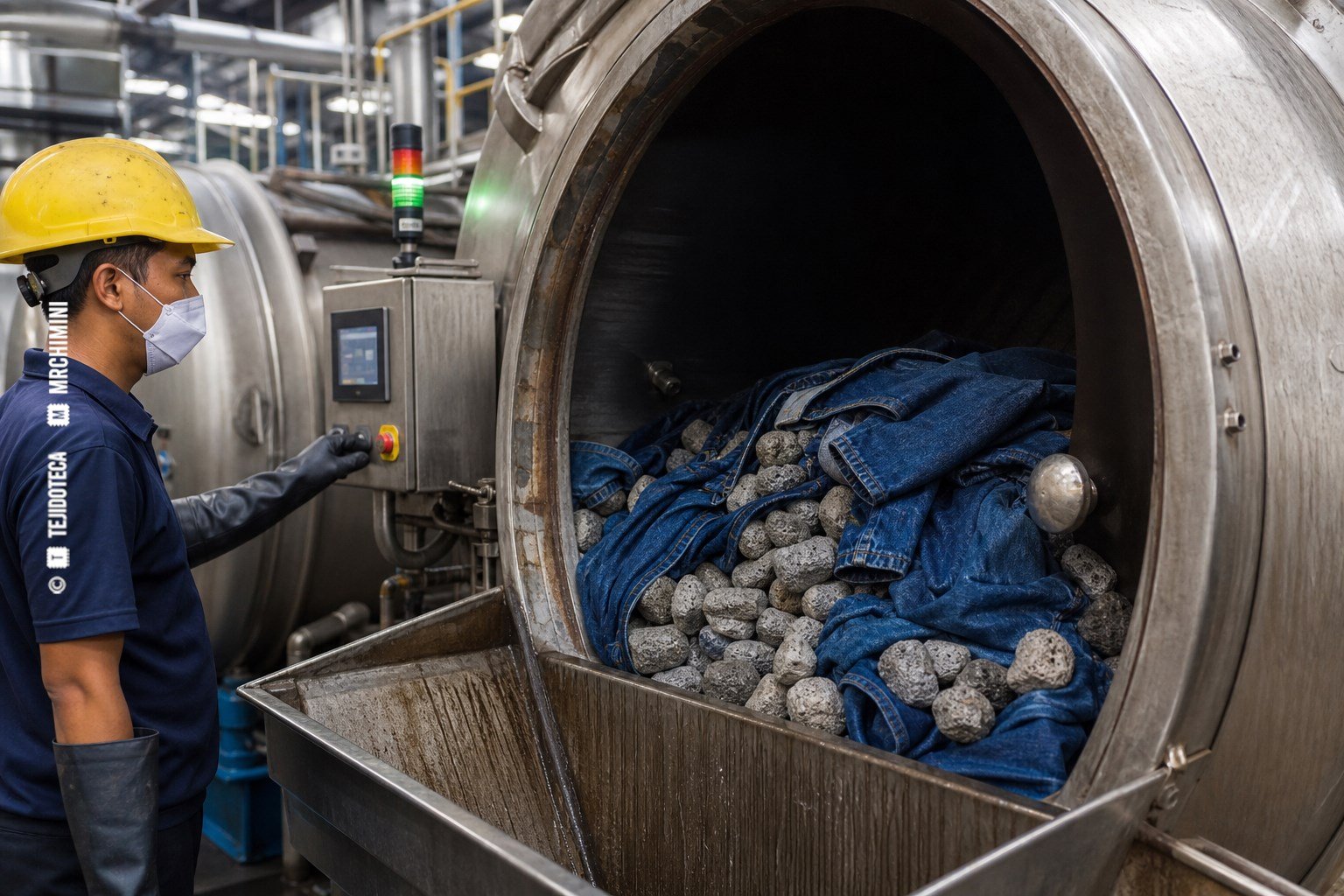 Lavado a la piedra — proceso textil Lavadora industrial con prendas denim y piedras pómez durante un stonewash