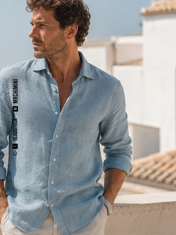 Camisa de verano de Lino en azul cielo lavado #7FA7B4