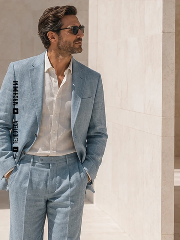 Traje desestructurado de Lino en azul cielo lavado #7FA7B4
