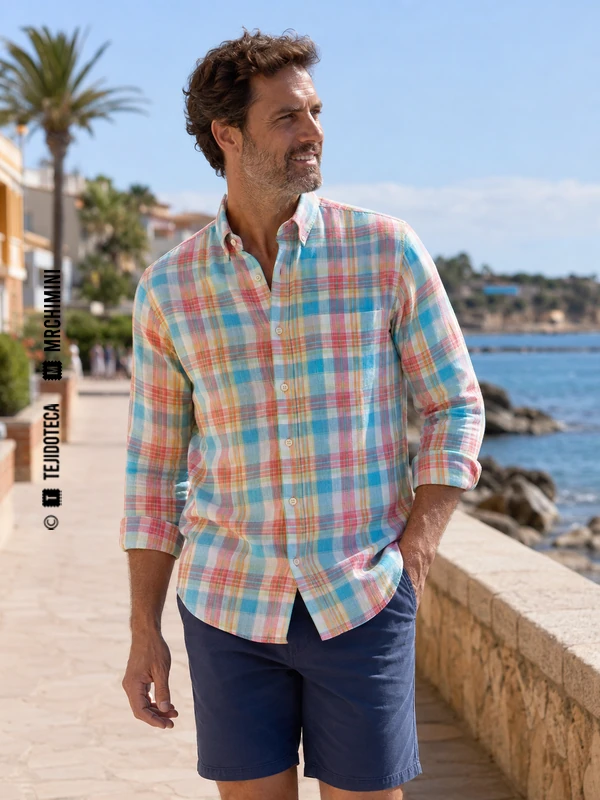 Camisa de Madrás en cuadro turquesa, coral, amarillo y blanco