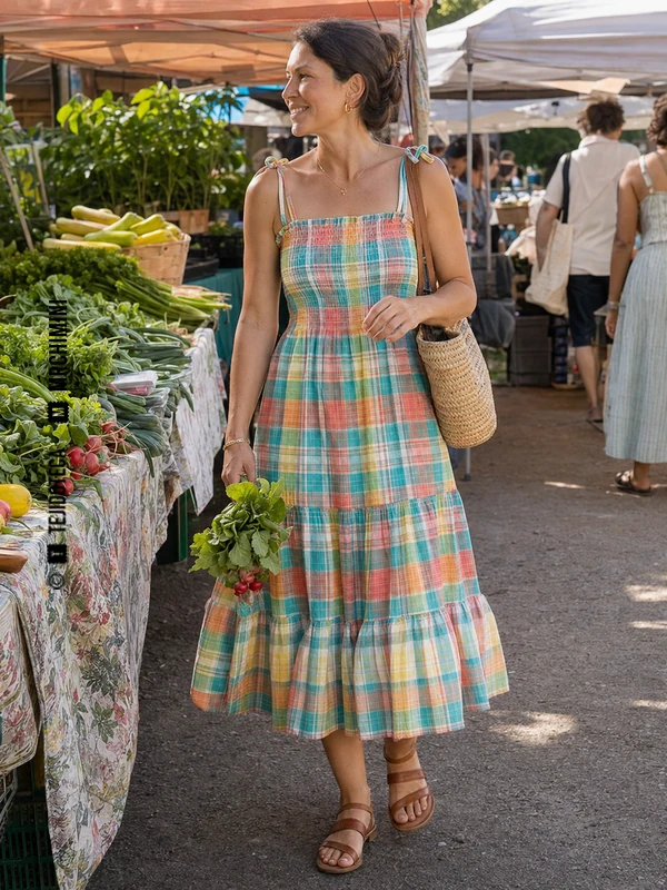 Vestido de verano de Madrás en cuadro turquesa, coral, amarillo y blanco