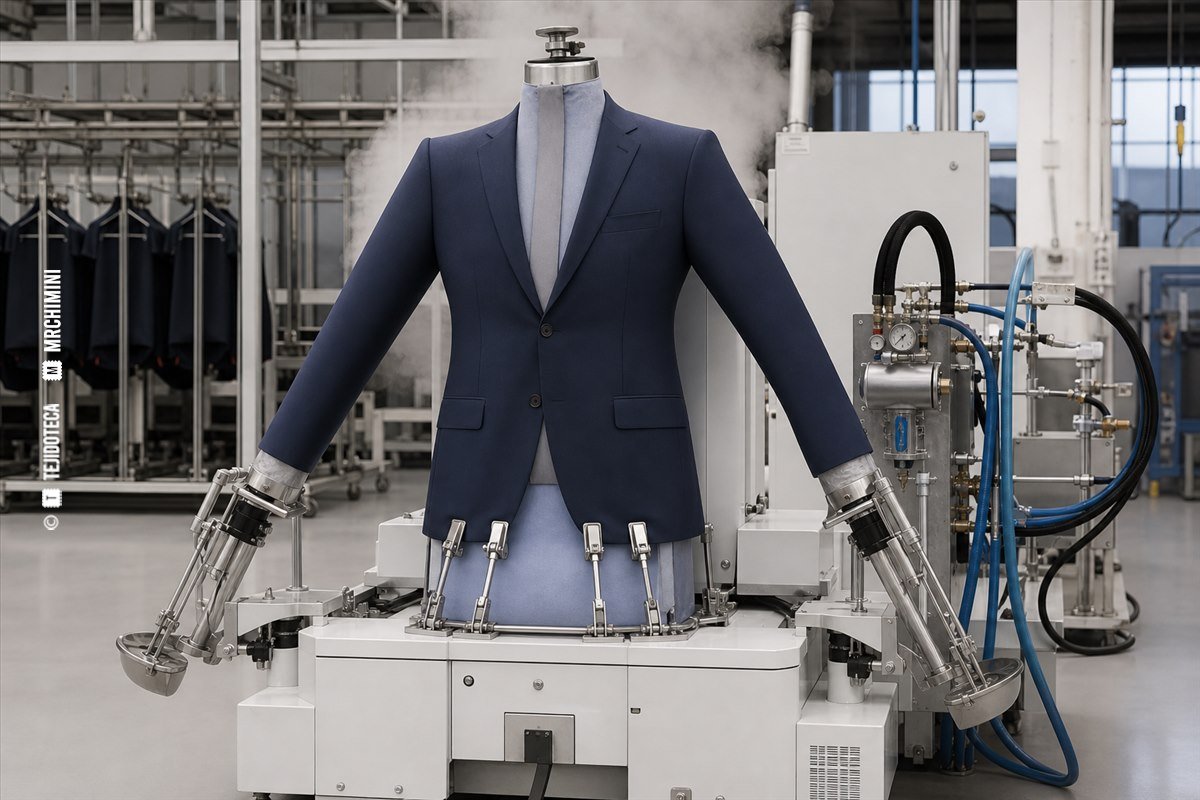 Maniquí de planchado dando forma a una americana azul mediante vapor y aire