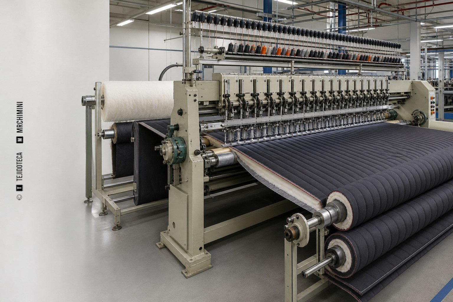 Acolchadora multiaguja industrial cosiendo varias capas en un patrón continuo