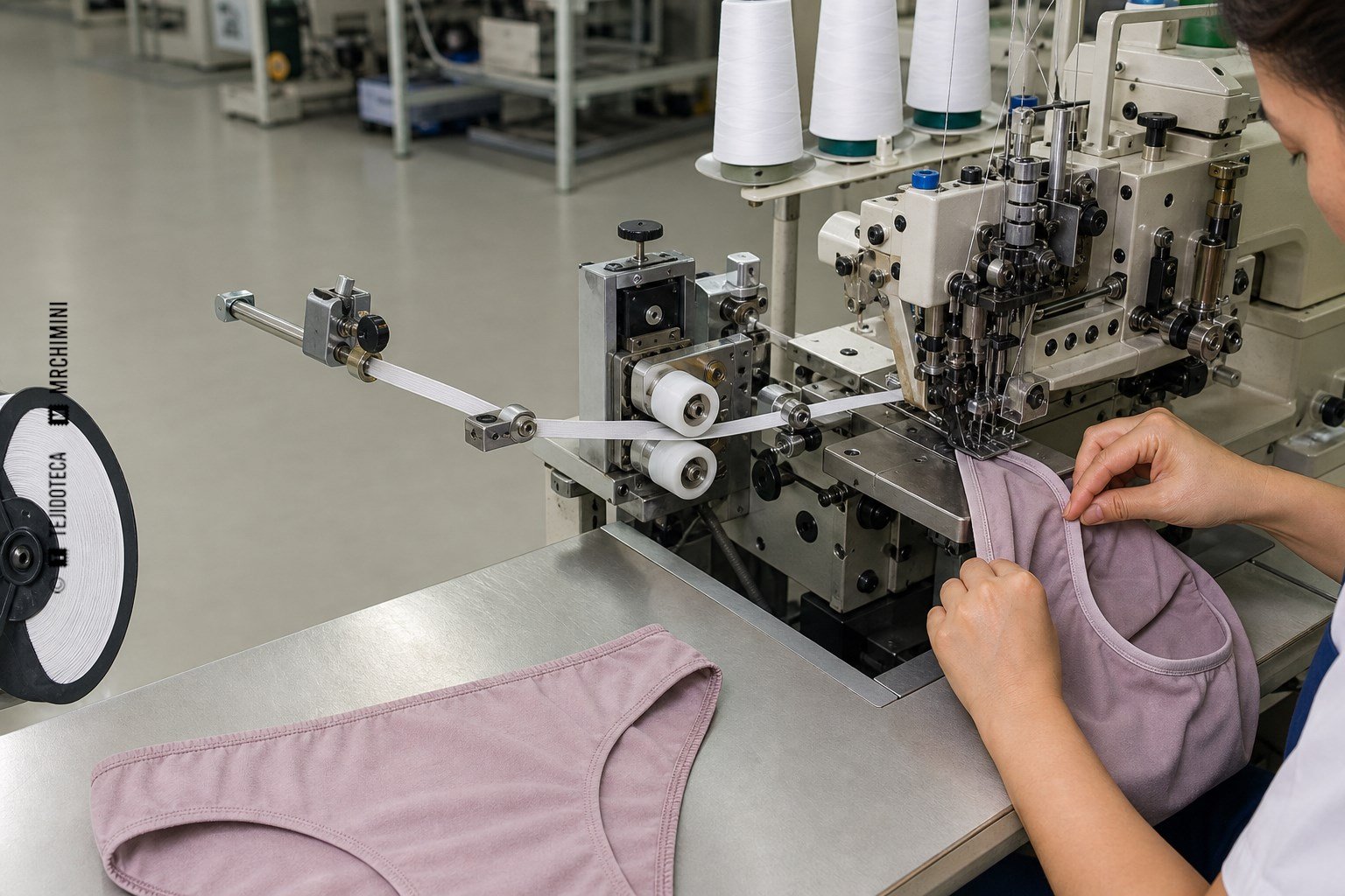 Máquina multiaguja aplicando elástico con tensión regulada a tejido de punto