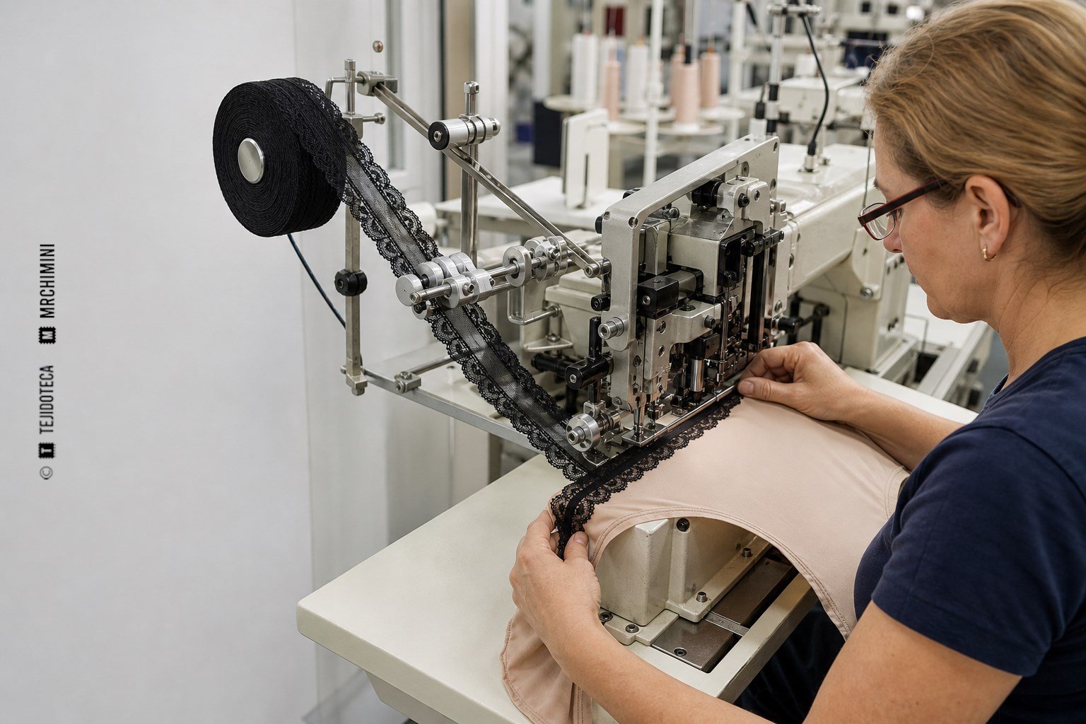 Máquina de recubrimiento aplicando encaje elástico a una prenda de lencería