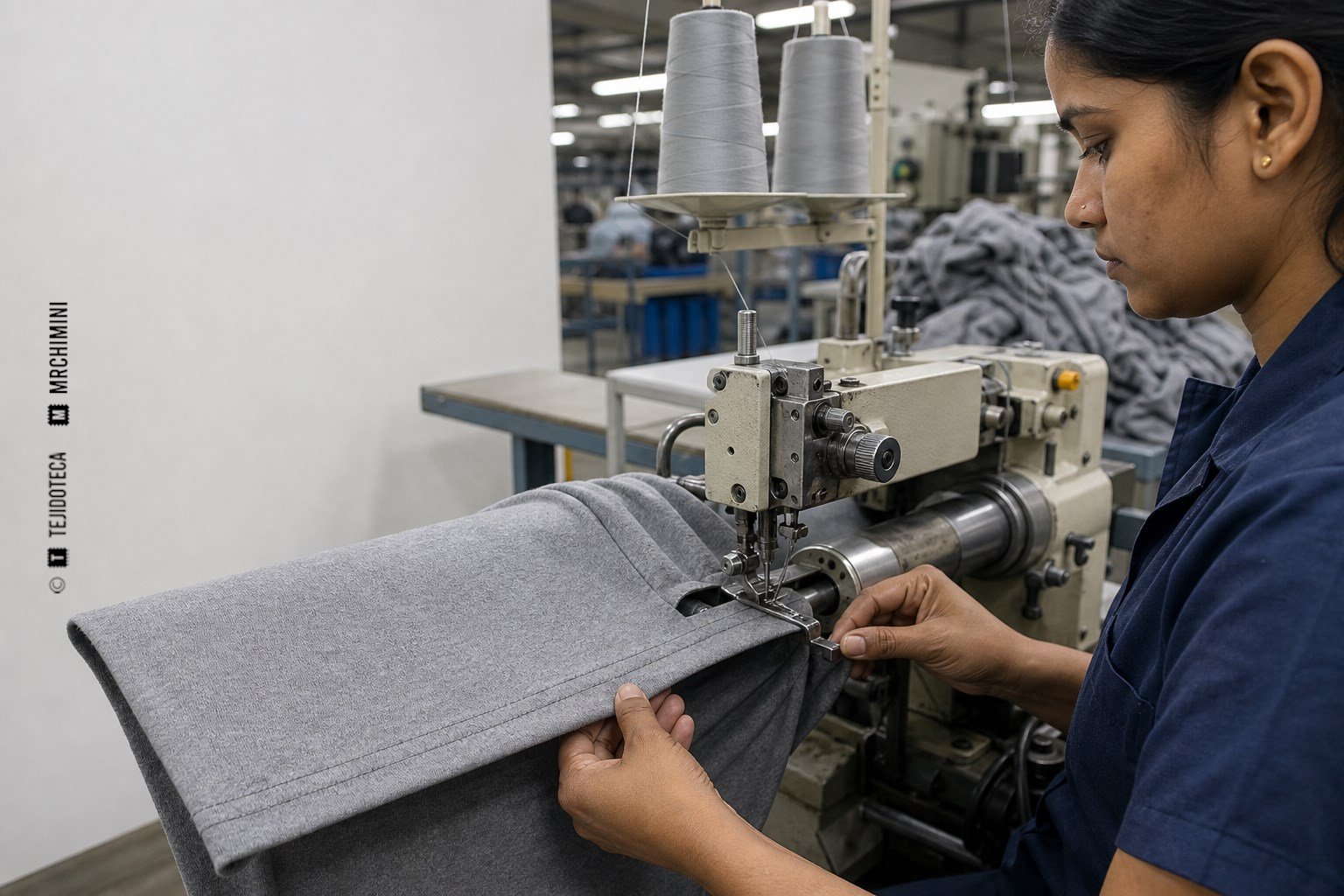 Unidad automática plegando y recubriendo el bajo circular de una camiseta