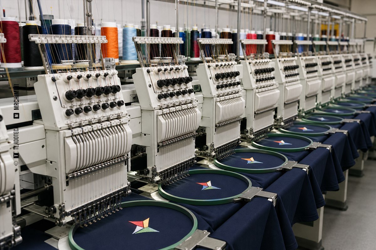 Máquina de bordar industrial multicabezal trabajando sobre varios bastidores