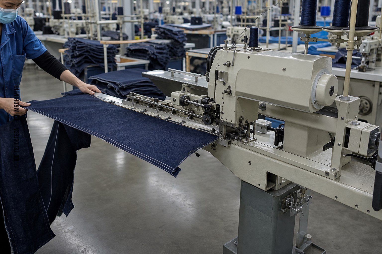 Unidad automática cerrando el costado de un pantalón vaquero