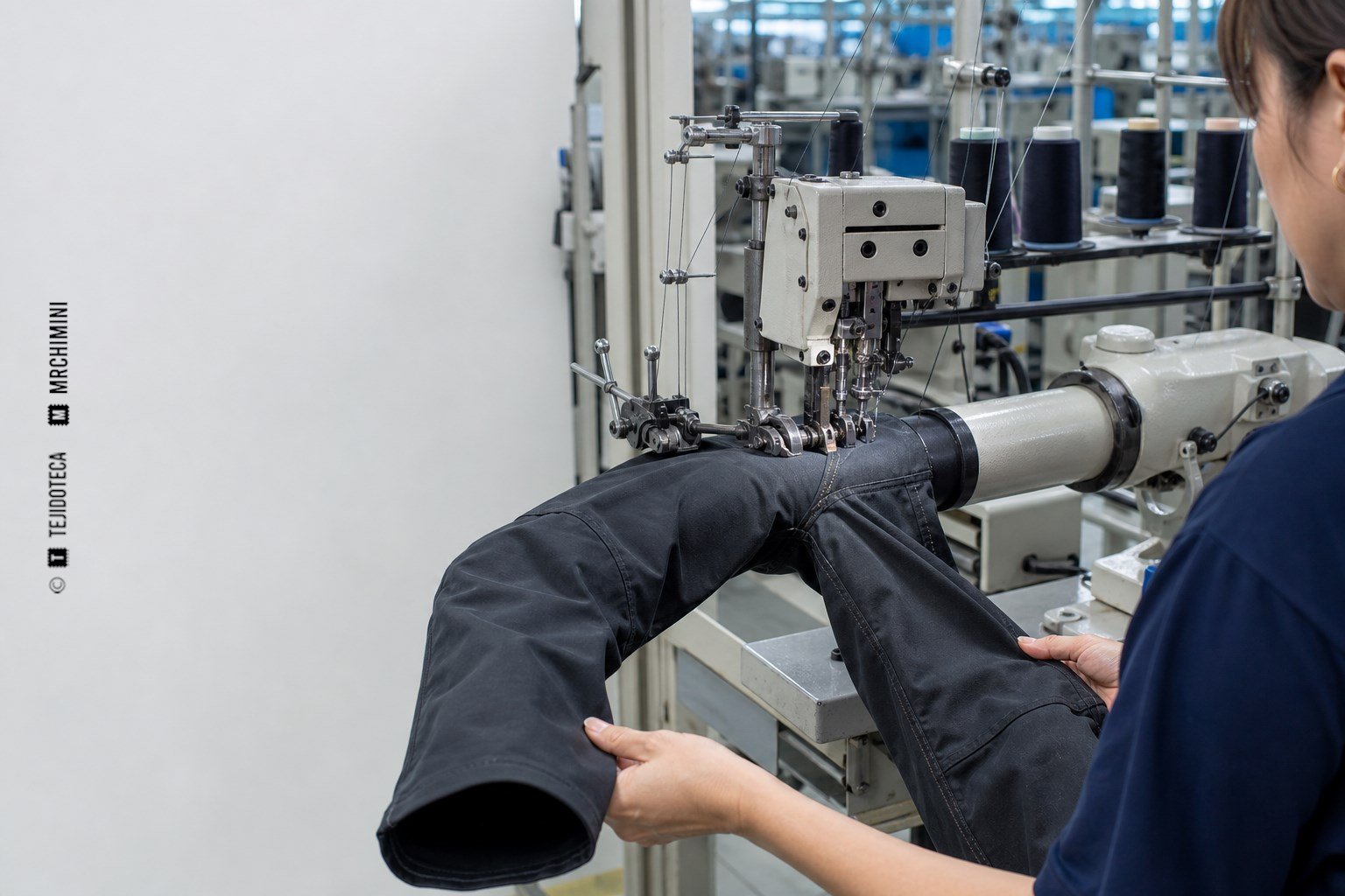 Máquina de brazo desplazado cerrando la entrepierna de un pantalón