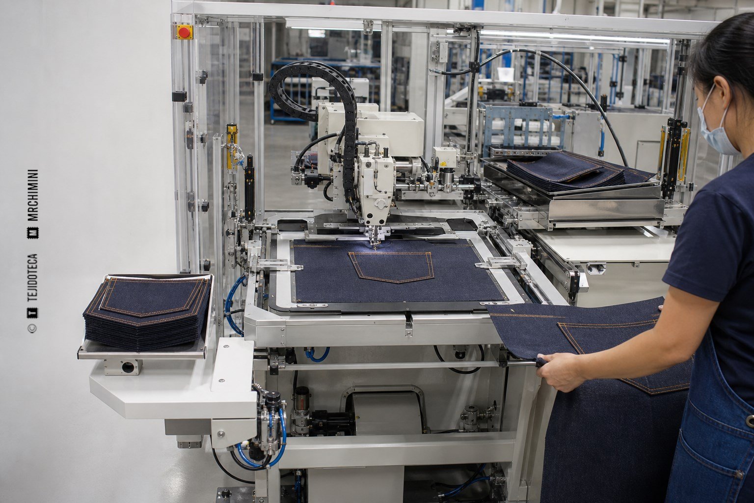 Autómata industrial plegando y cosiendo un bolsillo trasero sobre denim