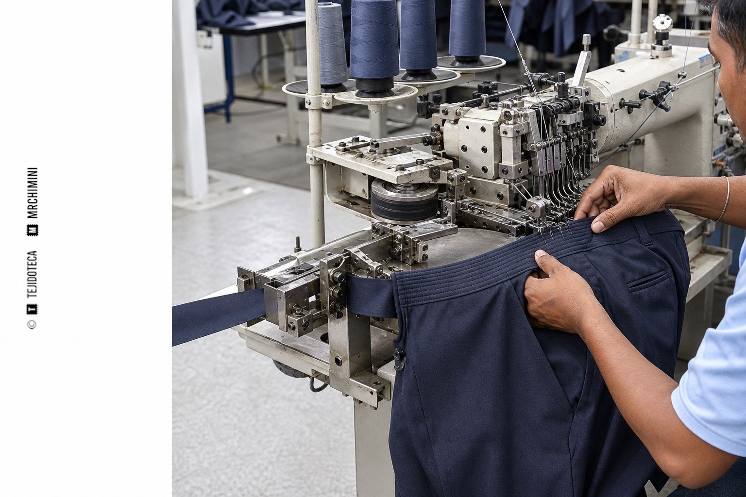 Unidad industrial de varias agujas colocando una cinturilla curva sobre un pantalón