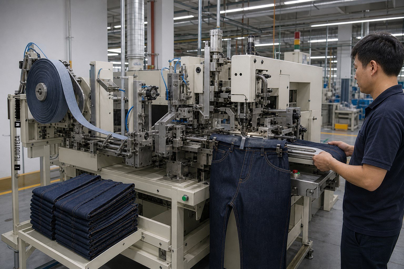 Autómata cortando, plegando y fijando una trabilla a la cinturilla de un pantalón