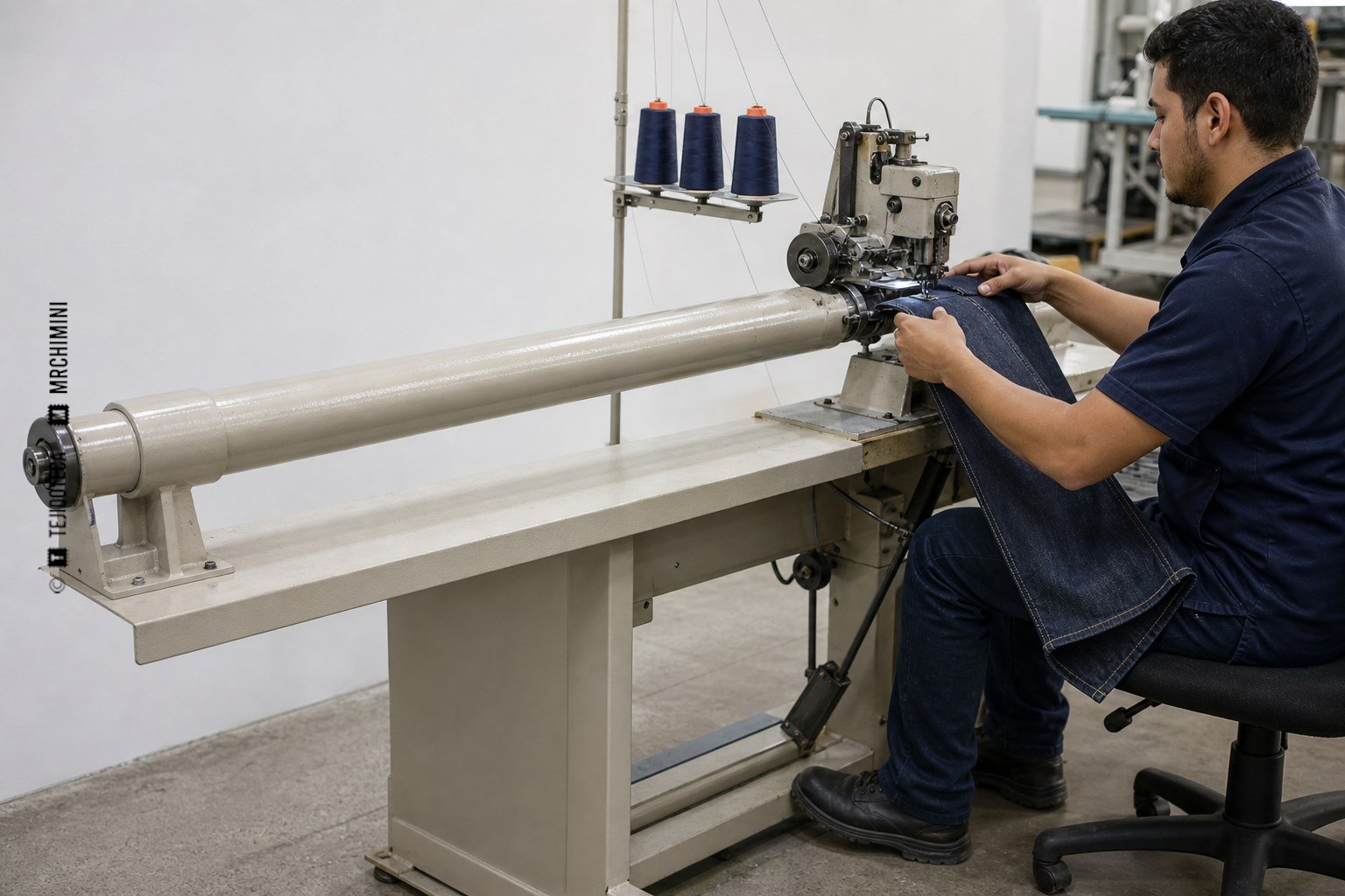 Máquina industrial de brazo desplazado cerrando una costura solapada en denim
