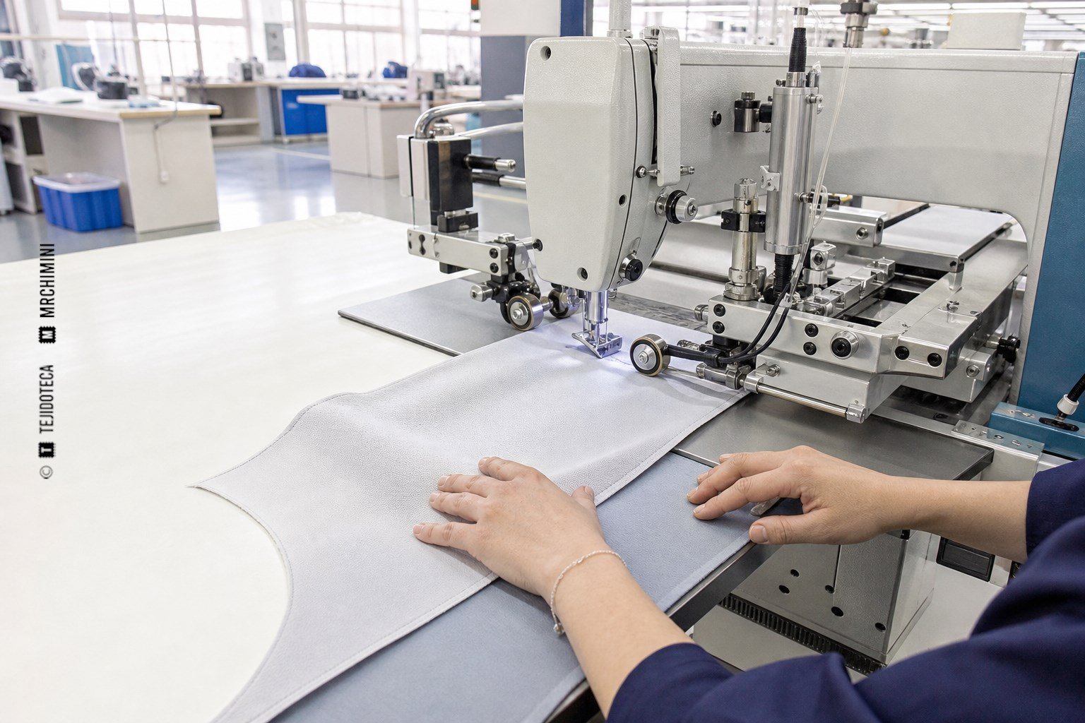 Máquina industrial con sensores guiando dos bordes de tejido durante una costura larga