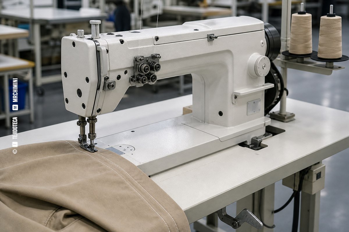 Máquina industrial de doble aguja realizando dos pespuntes paralelos