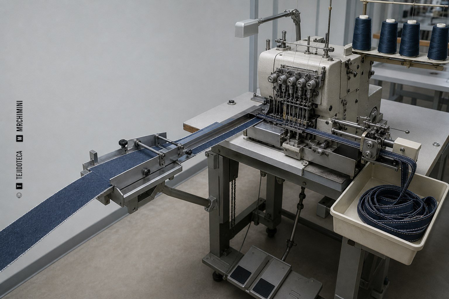 Máquina multiaguja formando una tira continua de trabillas para pantalón