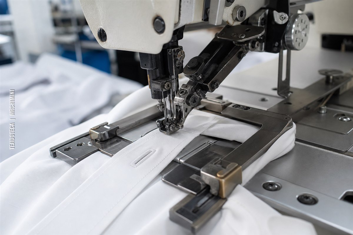 Máquina de ojales industrial realizando un ojal recto en una camisa