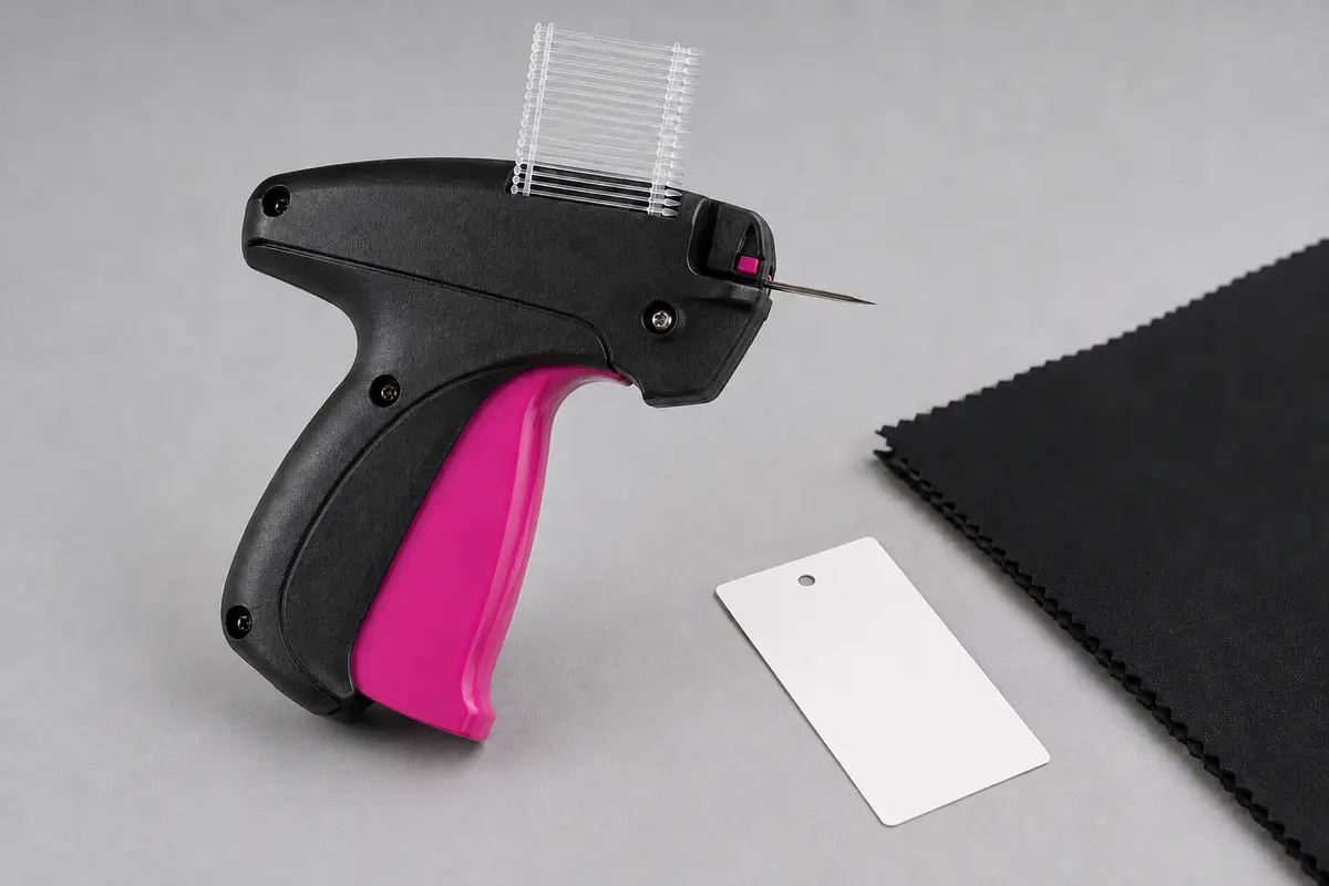 Pistola o máquina de navetes con aguja y tira de fijaciones plásticas