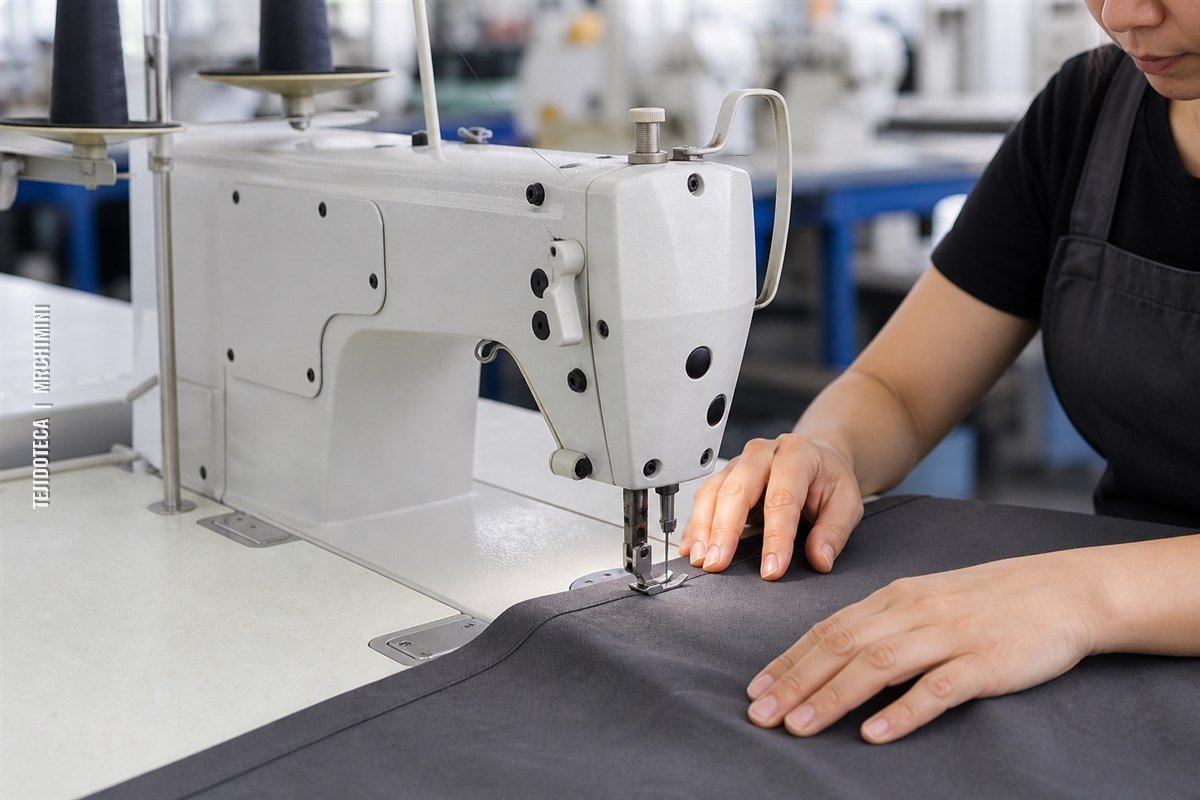 Máquina plana industrial de una aguja cosiendo una costura recta