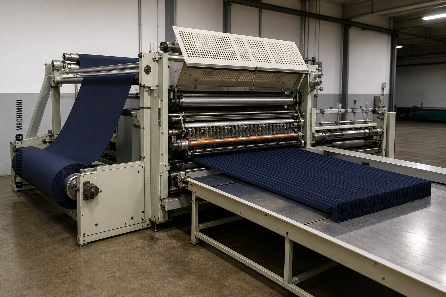 Máquina industrial formando pliegues regulares en una banda ancha de tejido