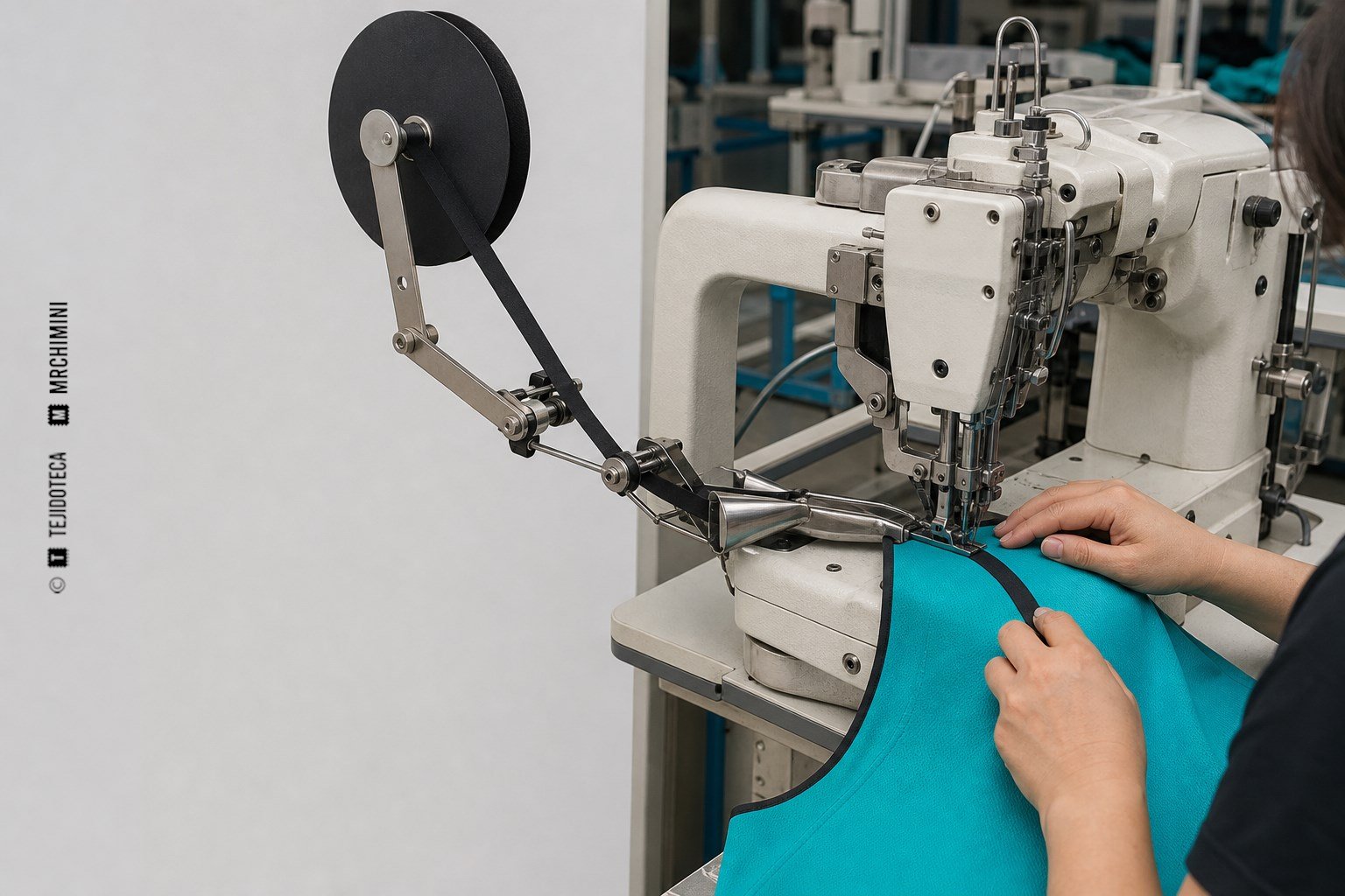 Máquina industrial plegando una cinta de bies alrededor del borde de una prenda