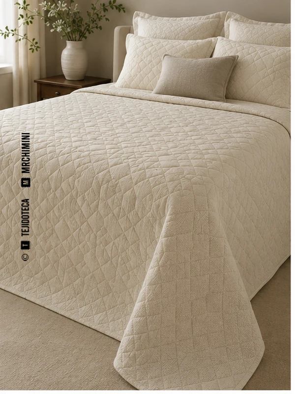 Colcha decorativa de Matelassé en marfil #E8DED0 con motivo geométrico
