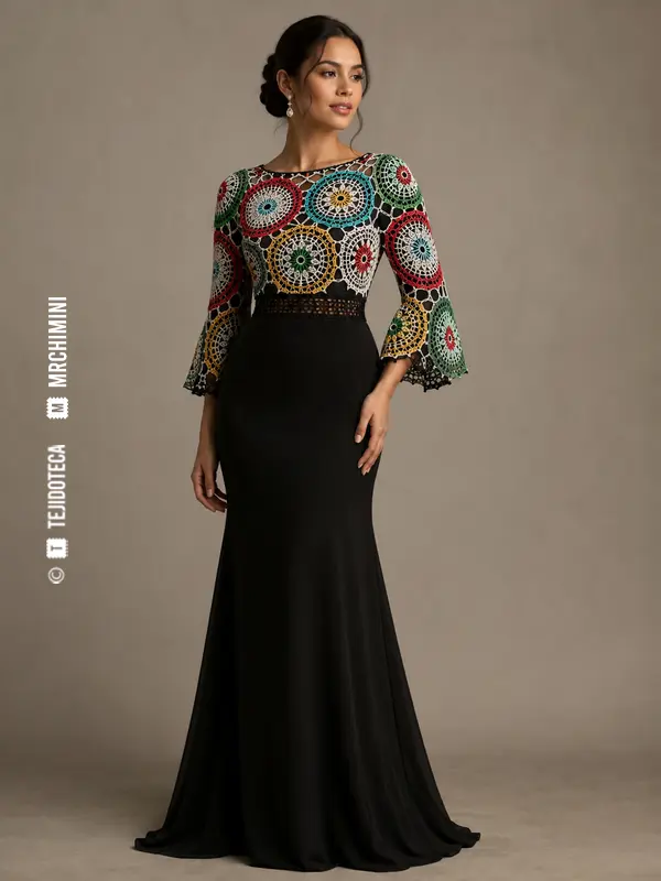 Vestido con aplicaciones de encaje ñandutí