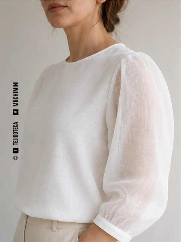 Blusa de mangas transparentes de Organdí en blanco óptico #F7F7F2