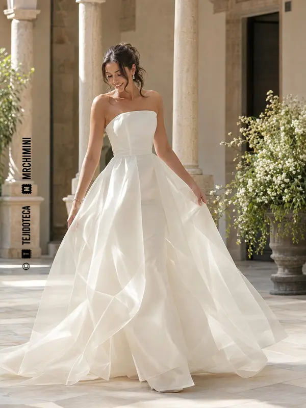 Vestido de novia con sobrefalda de organza marfil