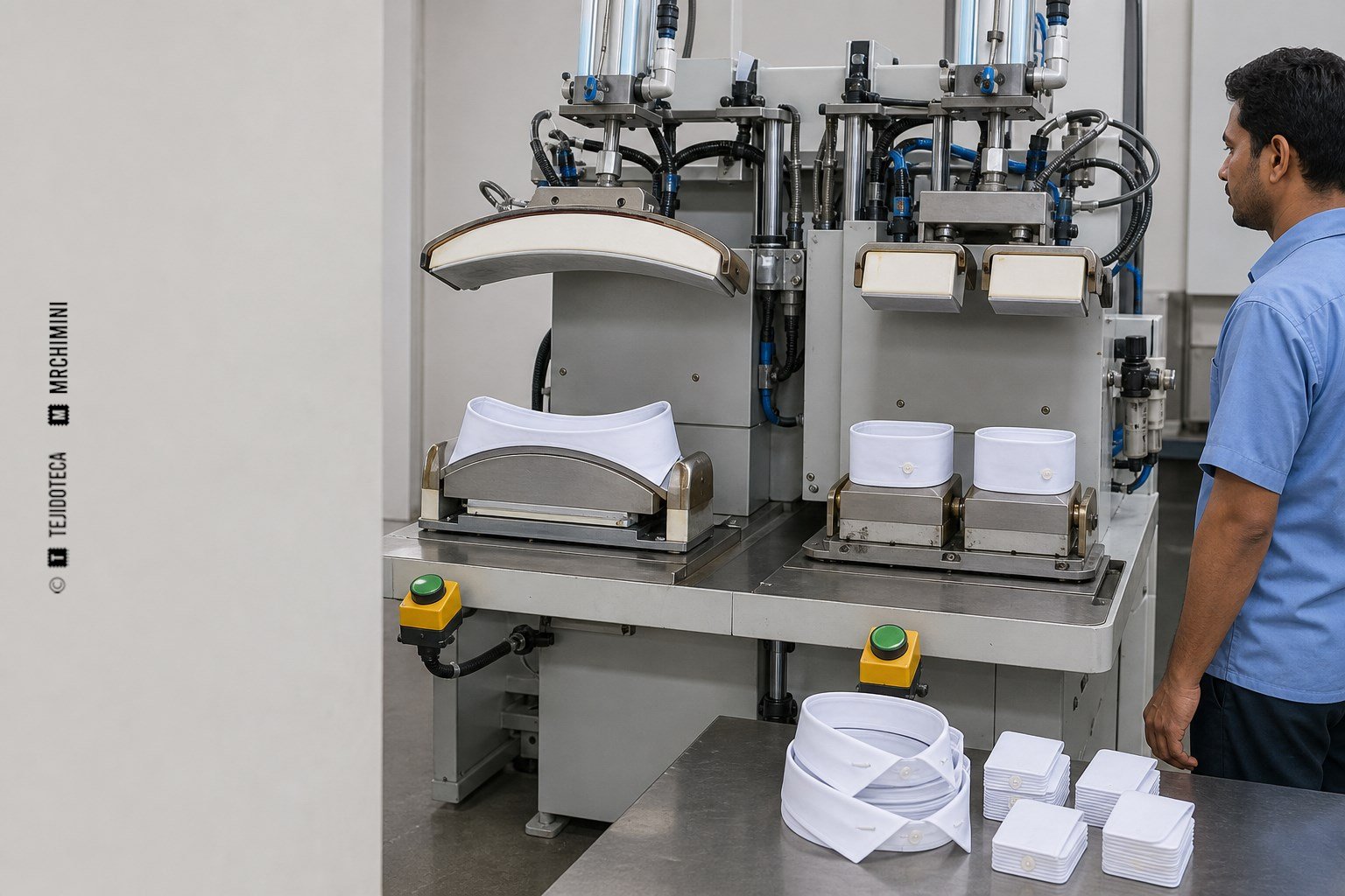 Prensa industrial de tres útiles acabando cuellos y puños de camisas