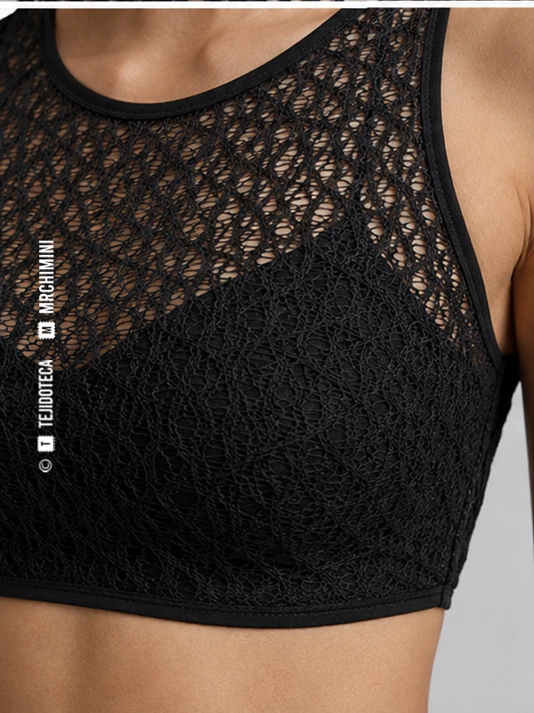 Top de encaje de Raschel en negro #171717