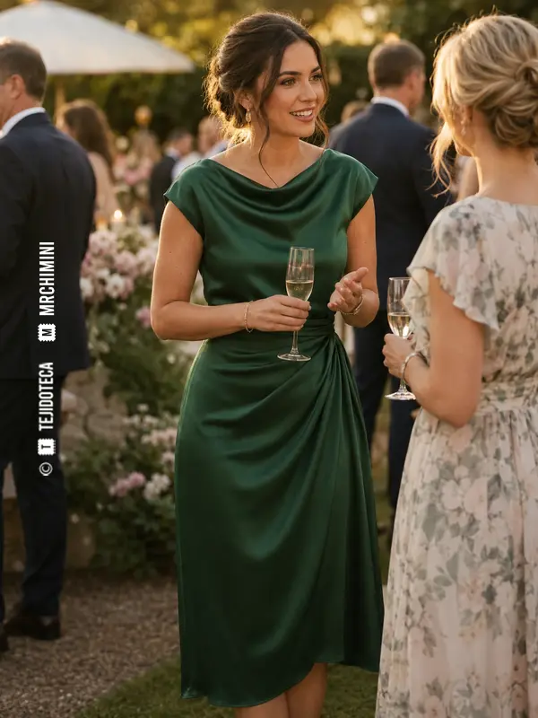 Invitada a una boda con vestido de raso