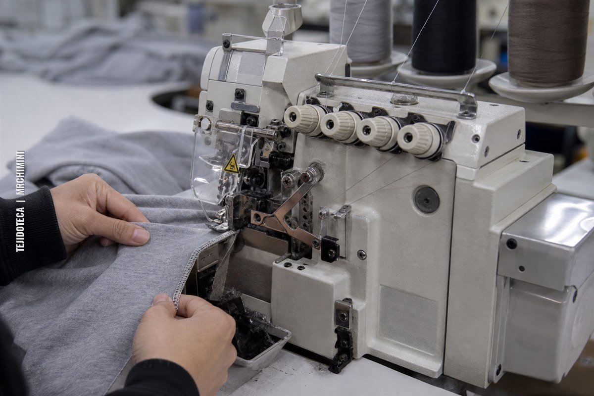 Remalladora industrial recortando y sobrehilando un tejido de punto