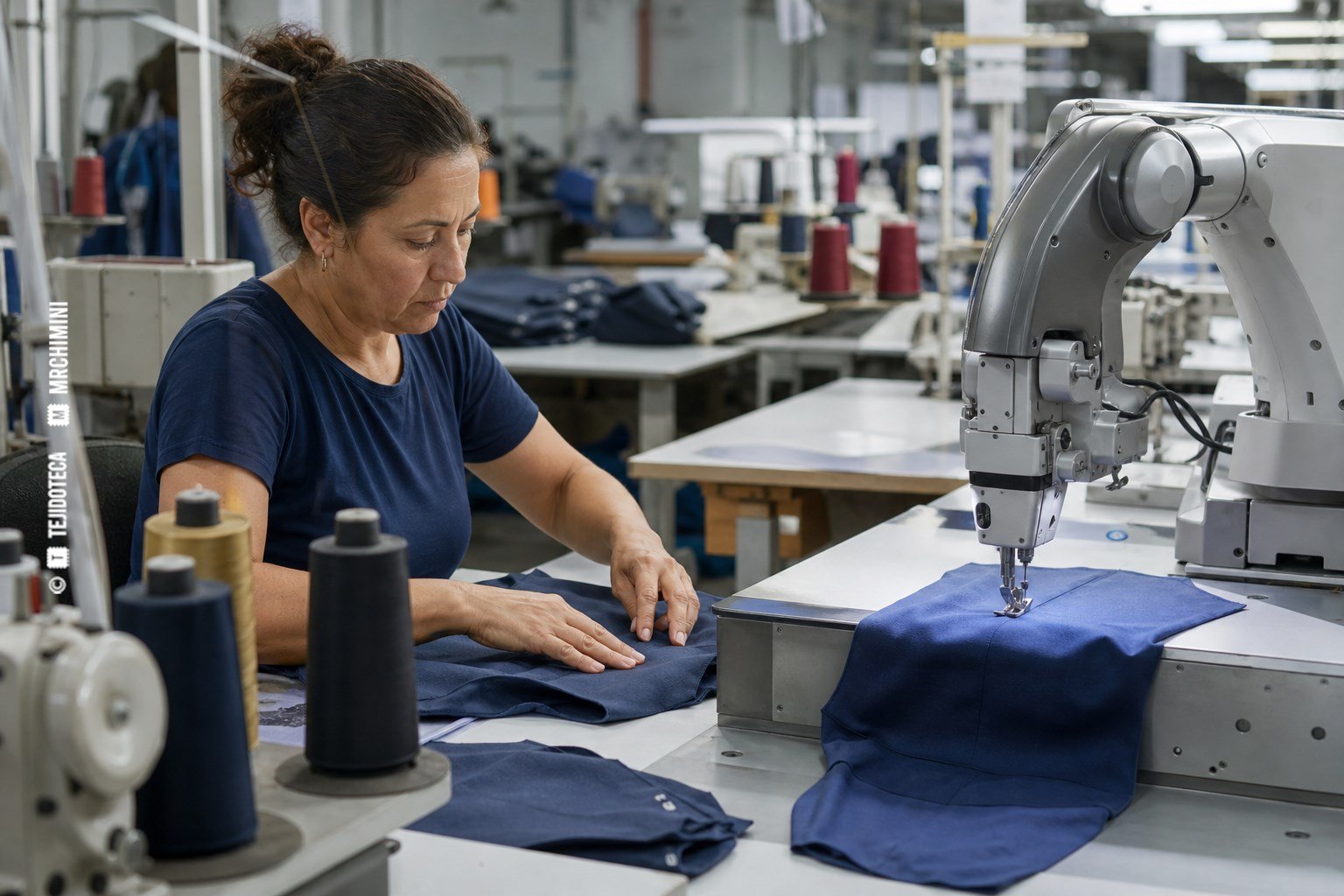 Operaria trabajando junto a un sistema automatizado de costura en un taller de confección