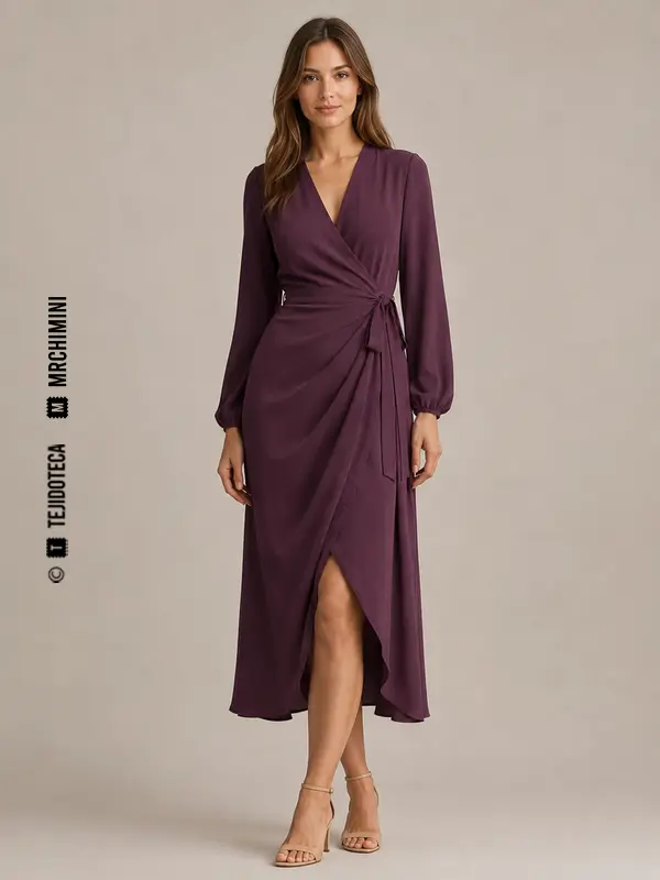 Mujer con vestido cruzado confeccionado en tejido sablé