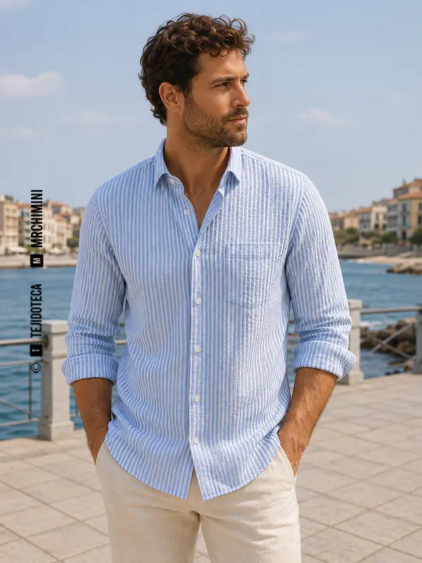 Camisa de verano de Seersucker en rayas azul cielo #7EA8C4 y blanco